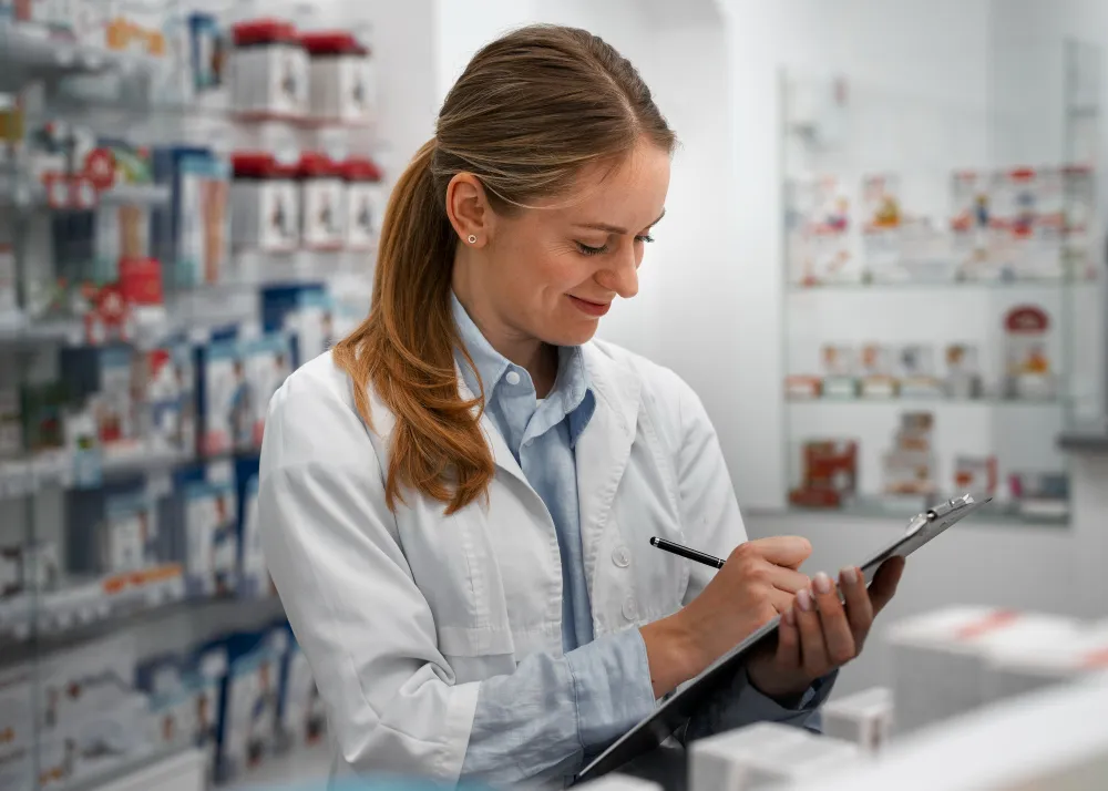 Pharmacist reviewing medication information on a clipboard at an Accredited Pharmacy, ensuring accurate medication guidance and patient safety.