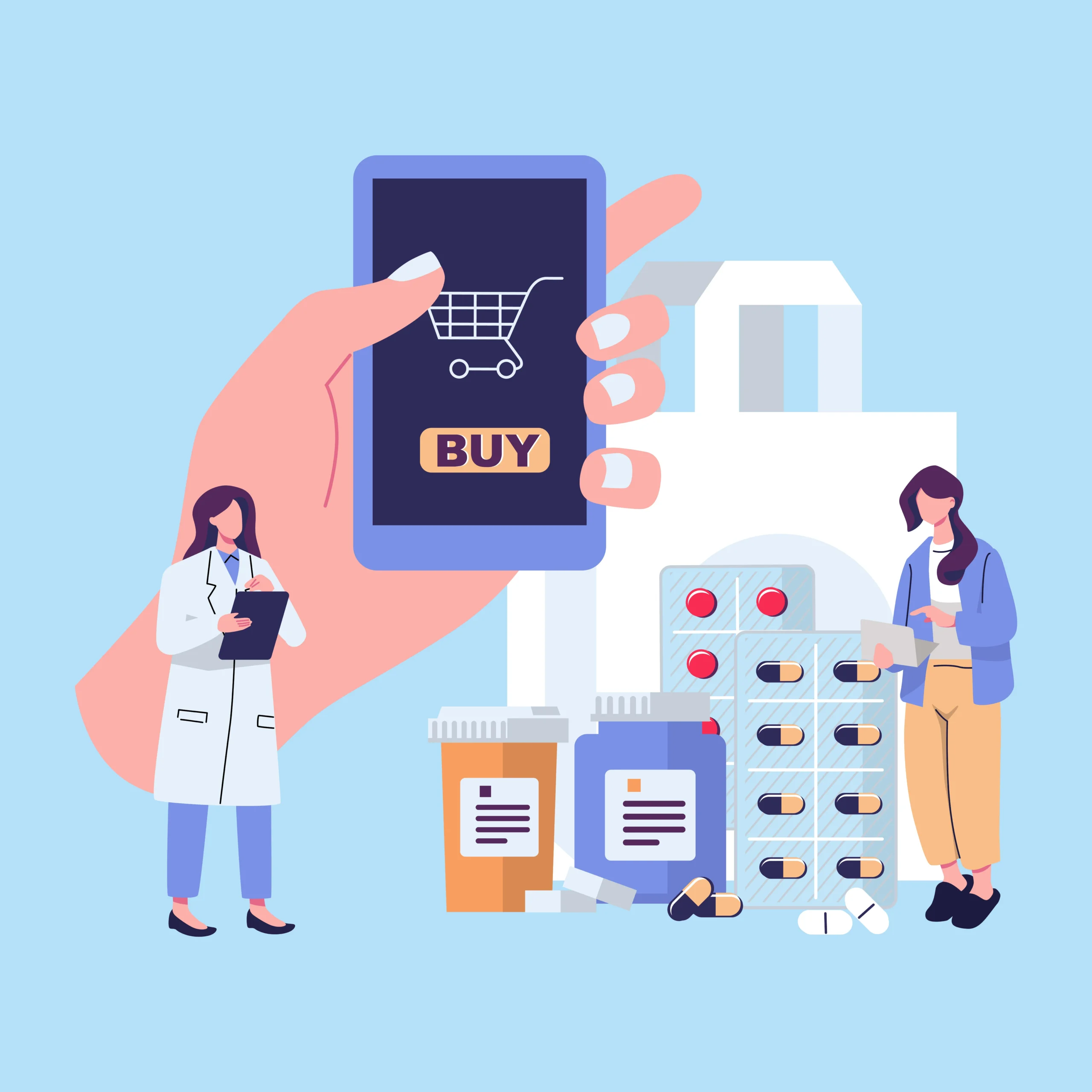 Illustration of med sync services enabling online prescription management and convenient medication refills through a pharmacy in Jacksonville FL.