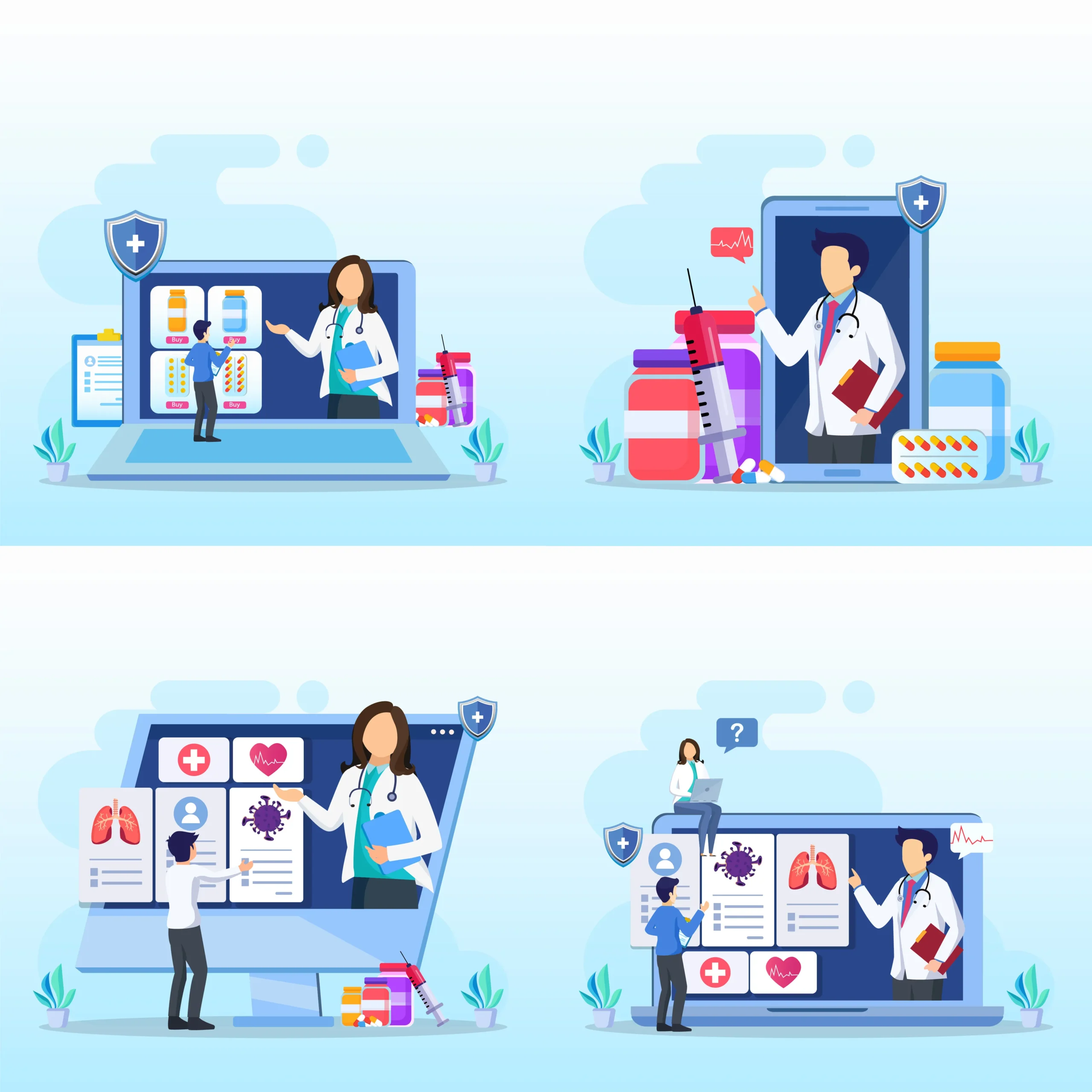 Illustration of clinical pharmacy solutions featuring virtual healthcare consultations, medication reviews, patient education, and pharmacist-led care management services