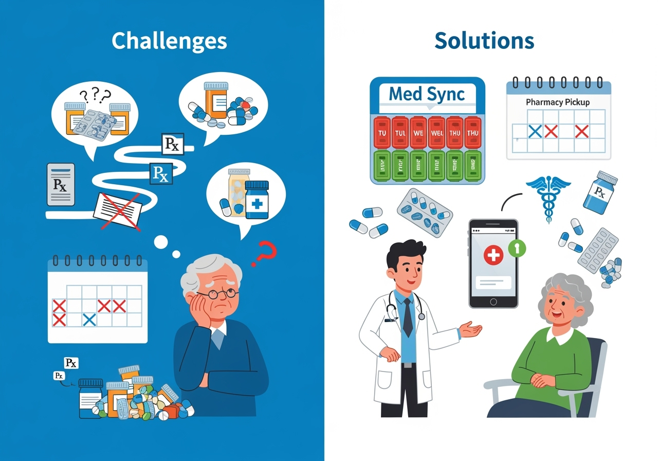 Medication synchronization Med Sync solution showing patient medication management challenges versus organized pharmacy sync program with synchronized prescription refills and improved medication adherence
