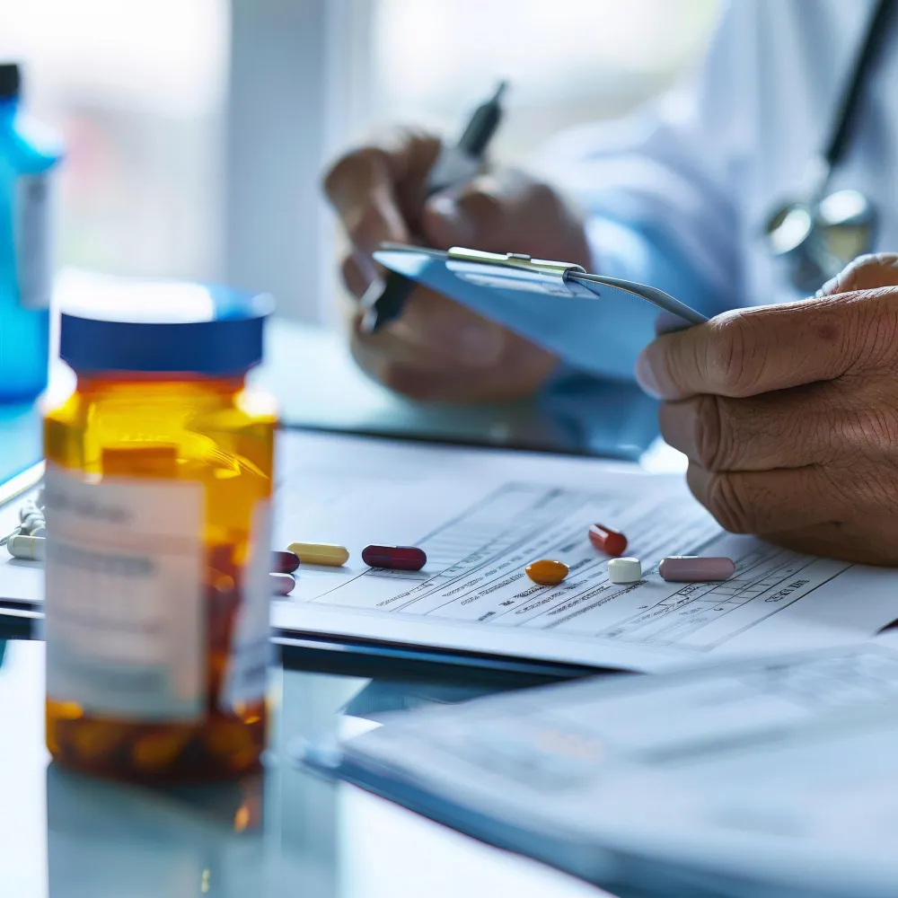 Pharmacist reviewing prescriptions and medications, highlighting the role of Clinical Pharmacy Services in ensuring safe and effective patient treatment