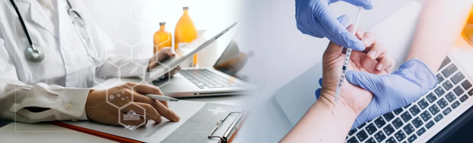 Healthcare professional reviewing patient records alongside a clinical procedure, representing access to wound dressing pharmacy services and support for diabetic wound care management