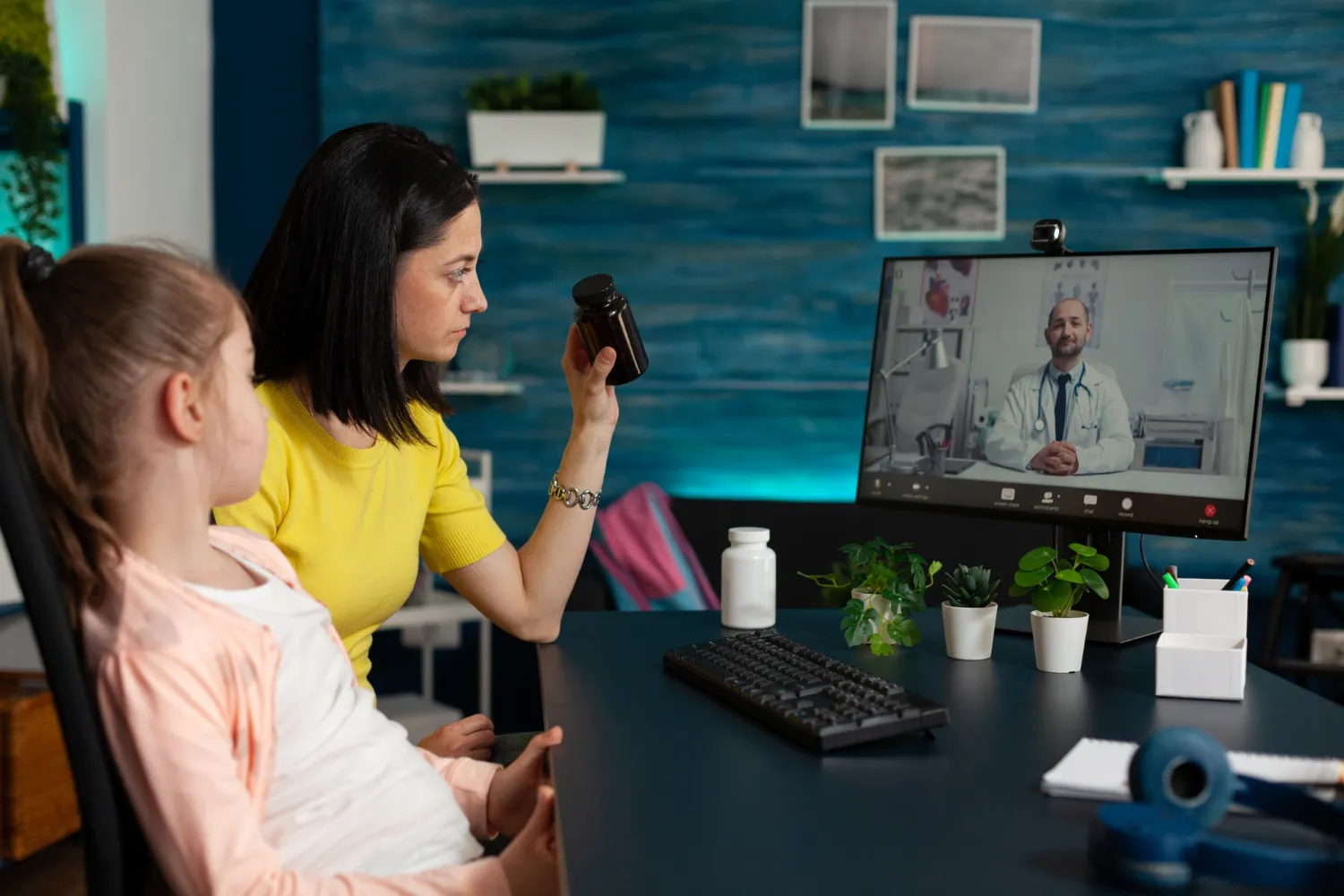 Mother and child attending a virtual doctor appointment via video call, highlighting the accessibility of telehealth primary care and real-time online prescription consultation from home
