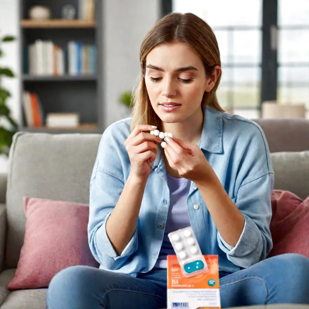 Woman organizing pills at home, representing the benefits of pharmacies that bubble pack medications to simplify dosing, improve adherence, and reduce confusion