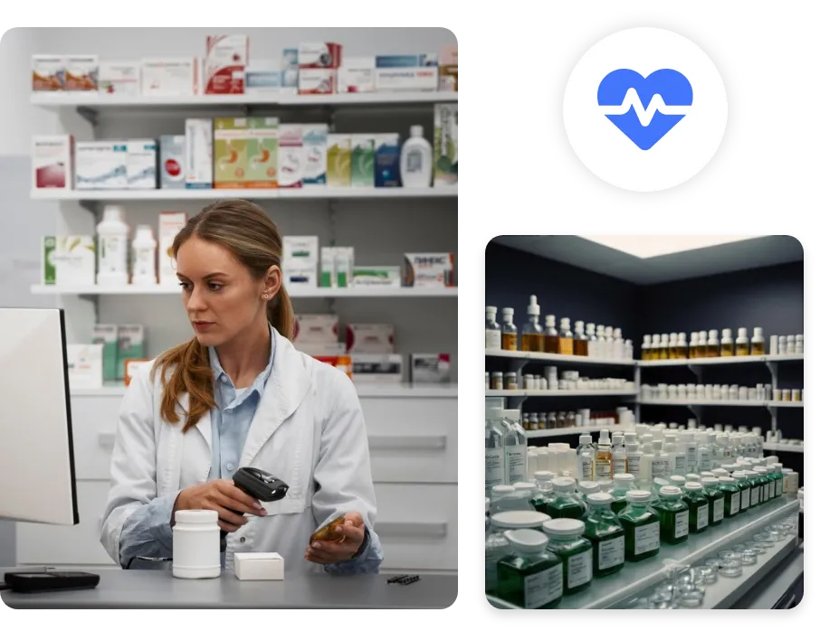 Website section illustration highlighting pharmacy healthcare solutions designed to improve medication management and patient treatment outcomes
