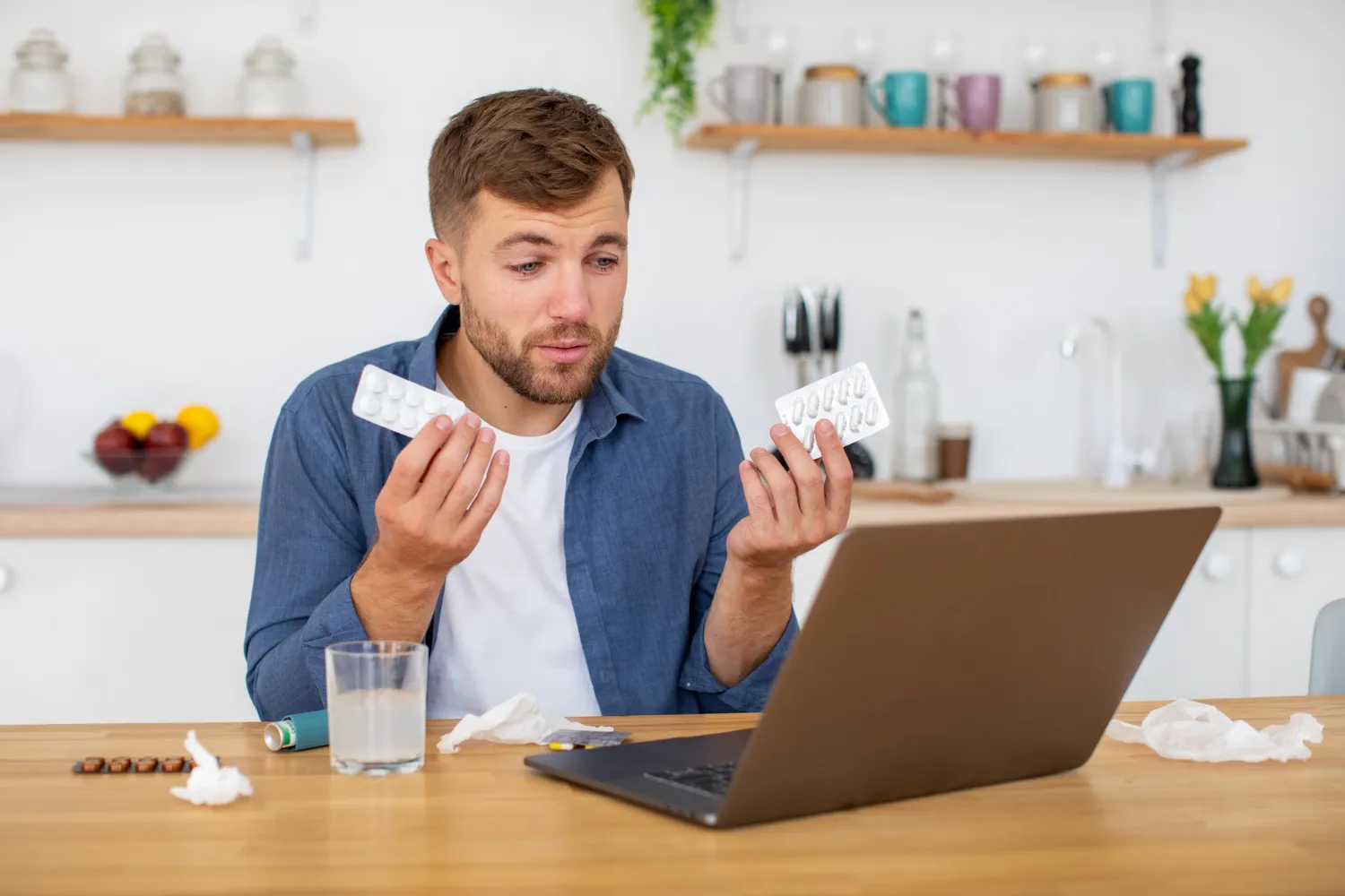 Patient comparing prescription medications during an online consultation about medication adherence packaging solutions and chronic condition management