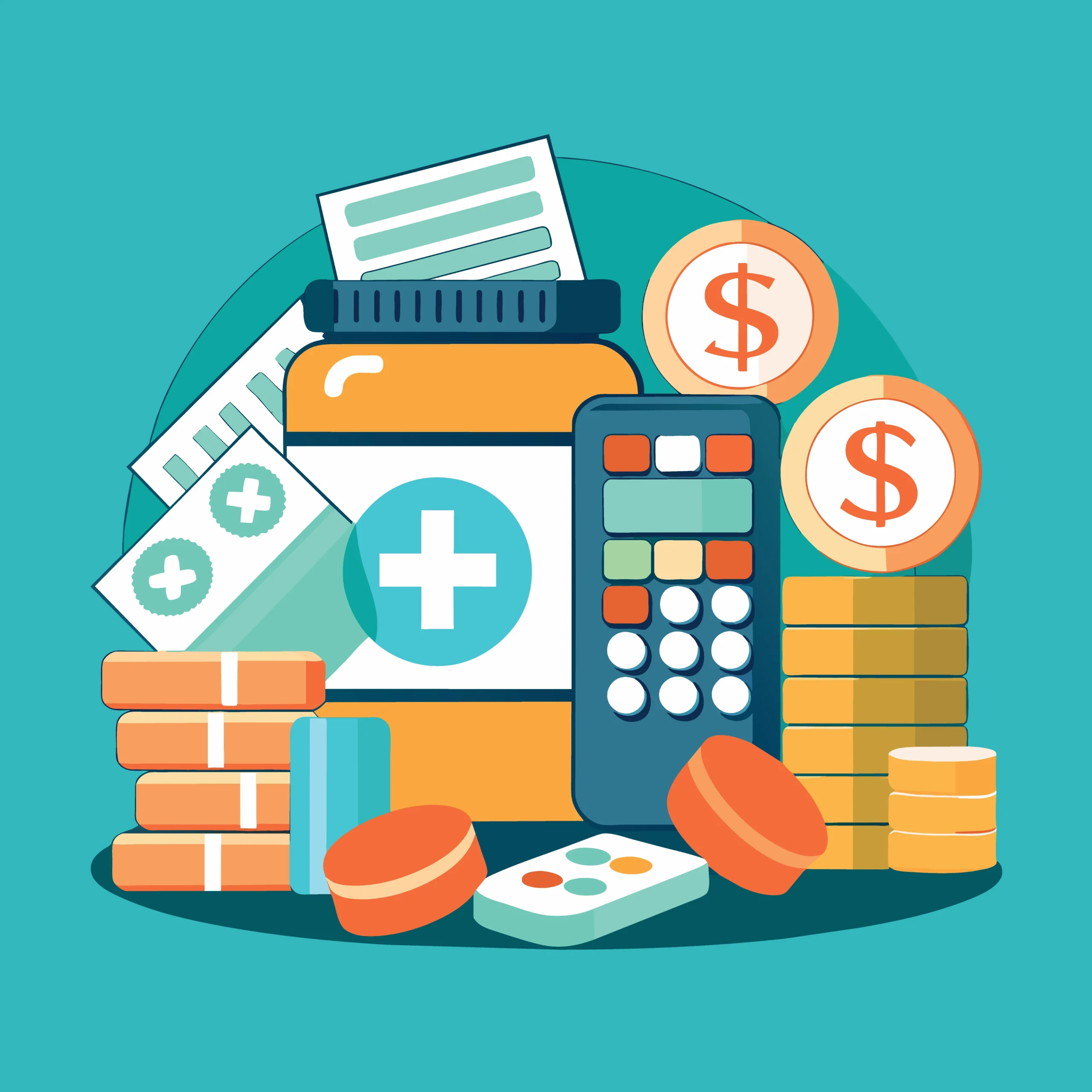 Illustration representing Clinical Pharmacy Services with prescription medications, healthcare costs, and medication management, highlighting Comprehensive Medication Assessment and Clinical Intervention Services to improve outcomes and reduce expenses.