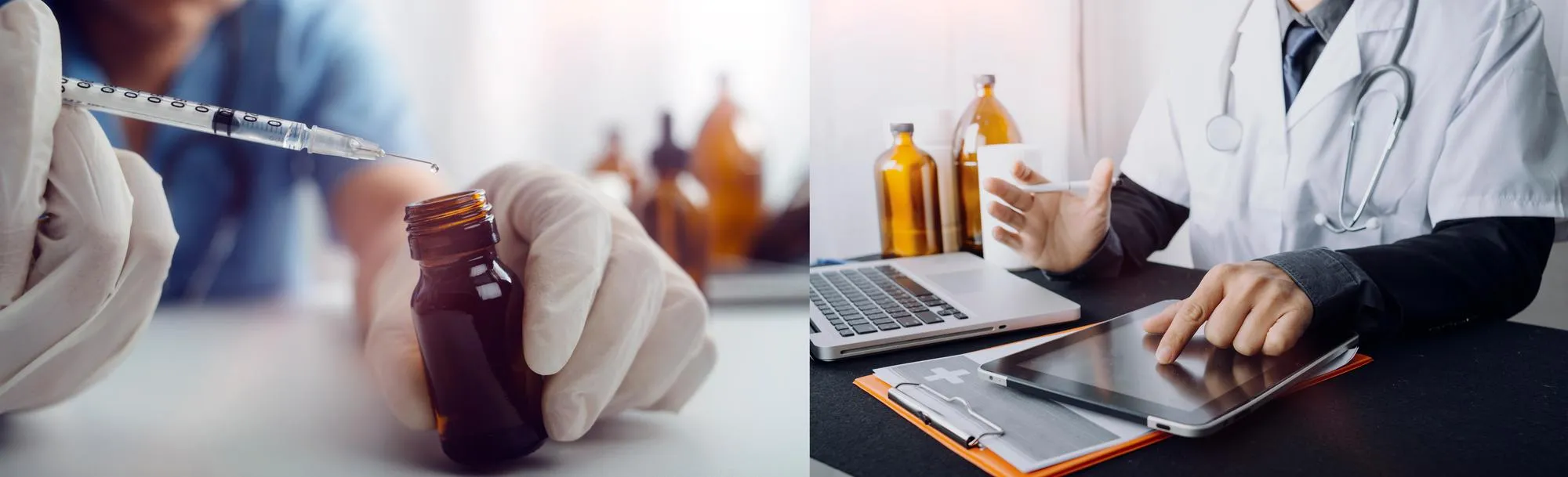 Healthcare professional preparing specialty medication and consulting with a patient using digital tools, demonstrating expert Specialty Pharmacy care and High-Complexity Medication Solutions.