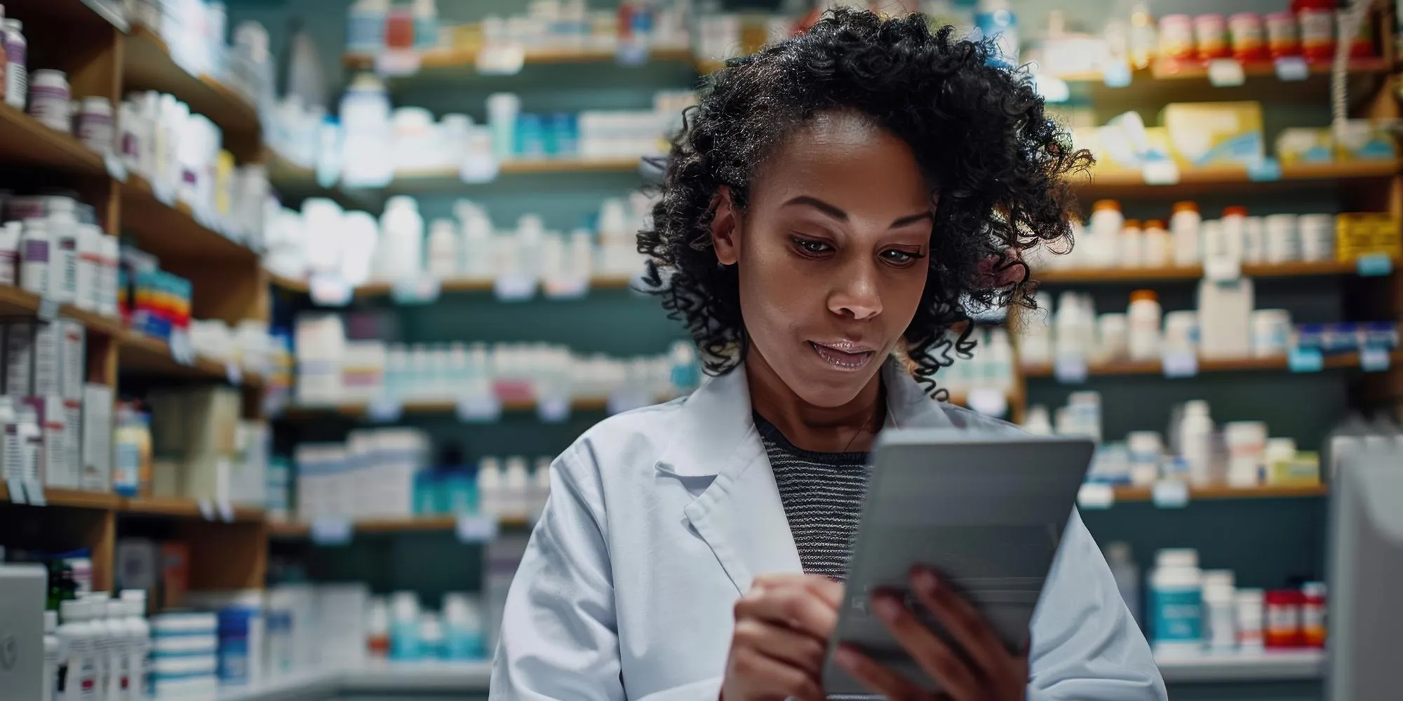 Pharmacist reviewing medication information on a tablet in a pharmacy, representing specialty pharmacy near Jacksonville services and personalized medication support.