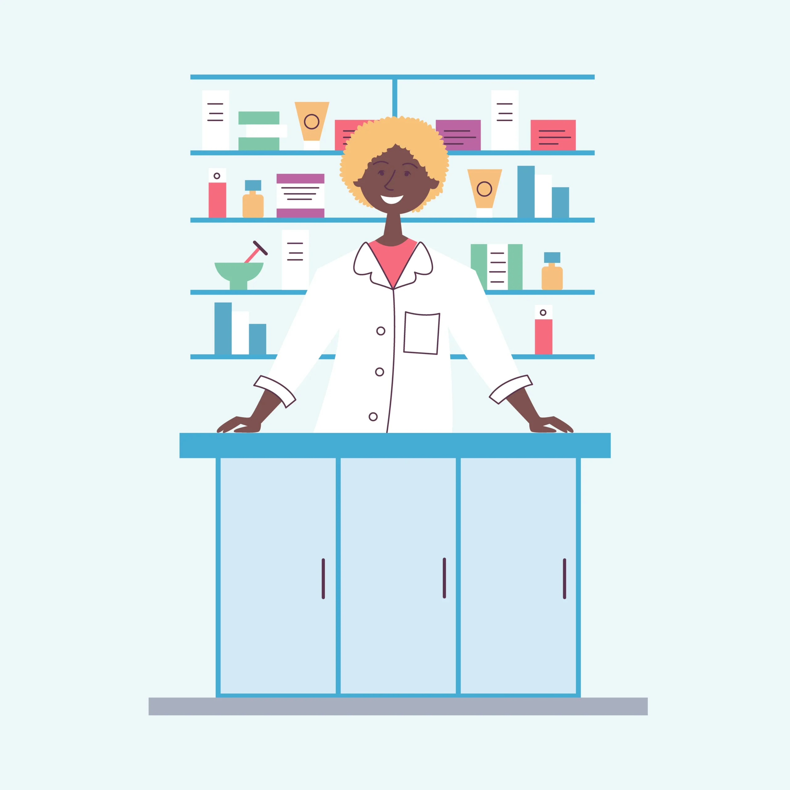 Illustration of a pharmacist standing behind a pharmacy counter with medications on shelves, representing specialty pharmacy services and patient medication support.