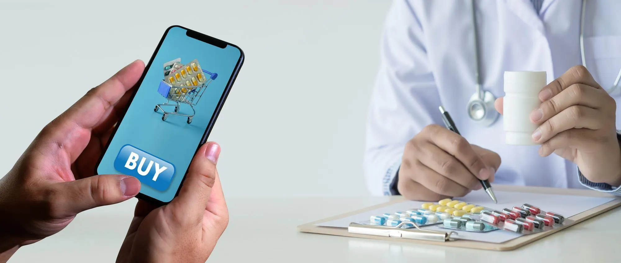 Patient using a smartphone to order medications while a healthcare professional prepares prescriptions for prescription home delivery.