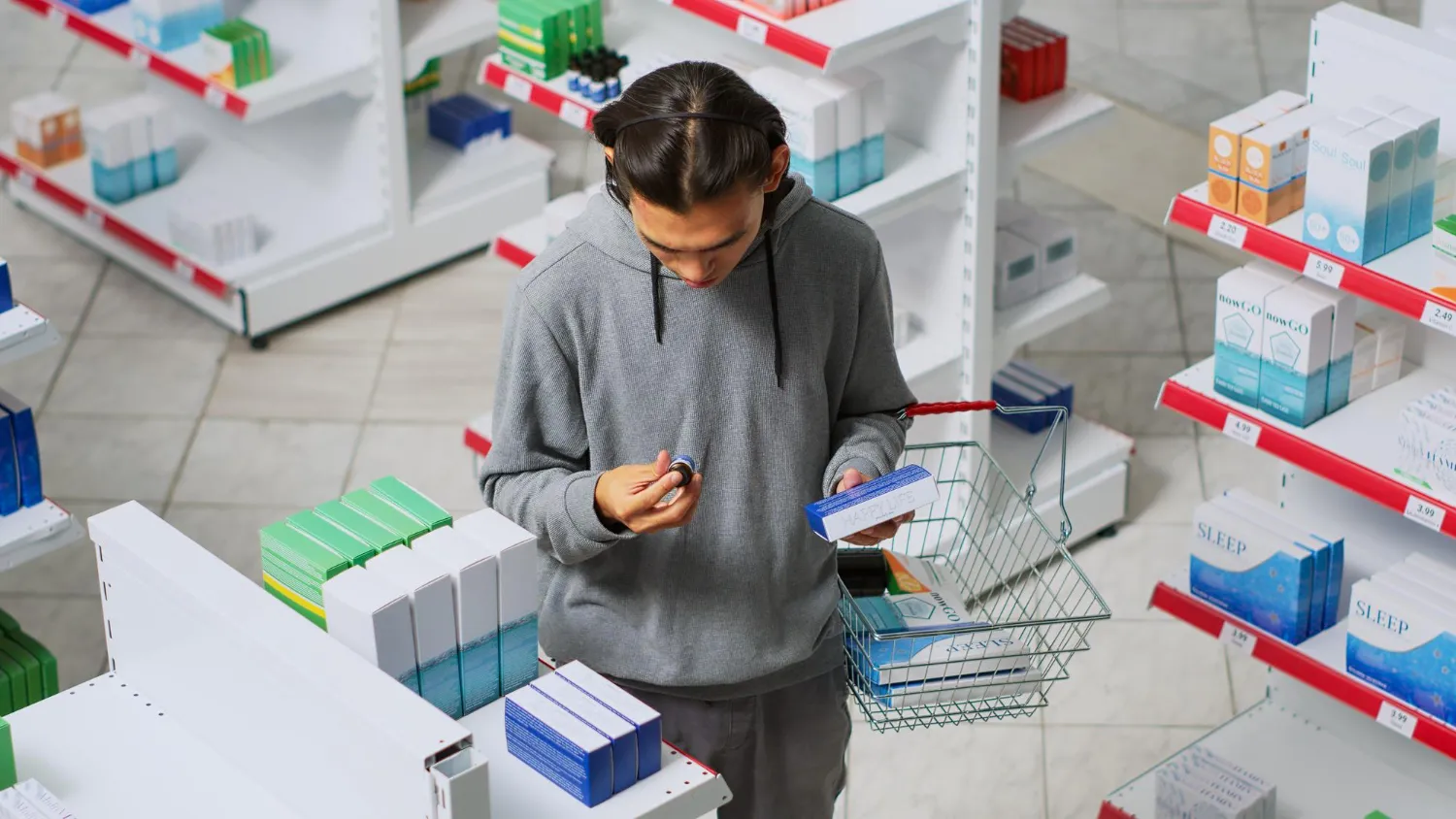 Pharmacist reviewing medication inventory on shelves to support a reliable medication delivery service.