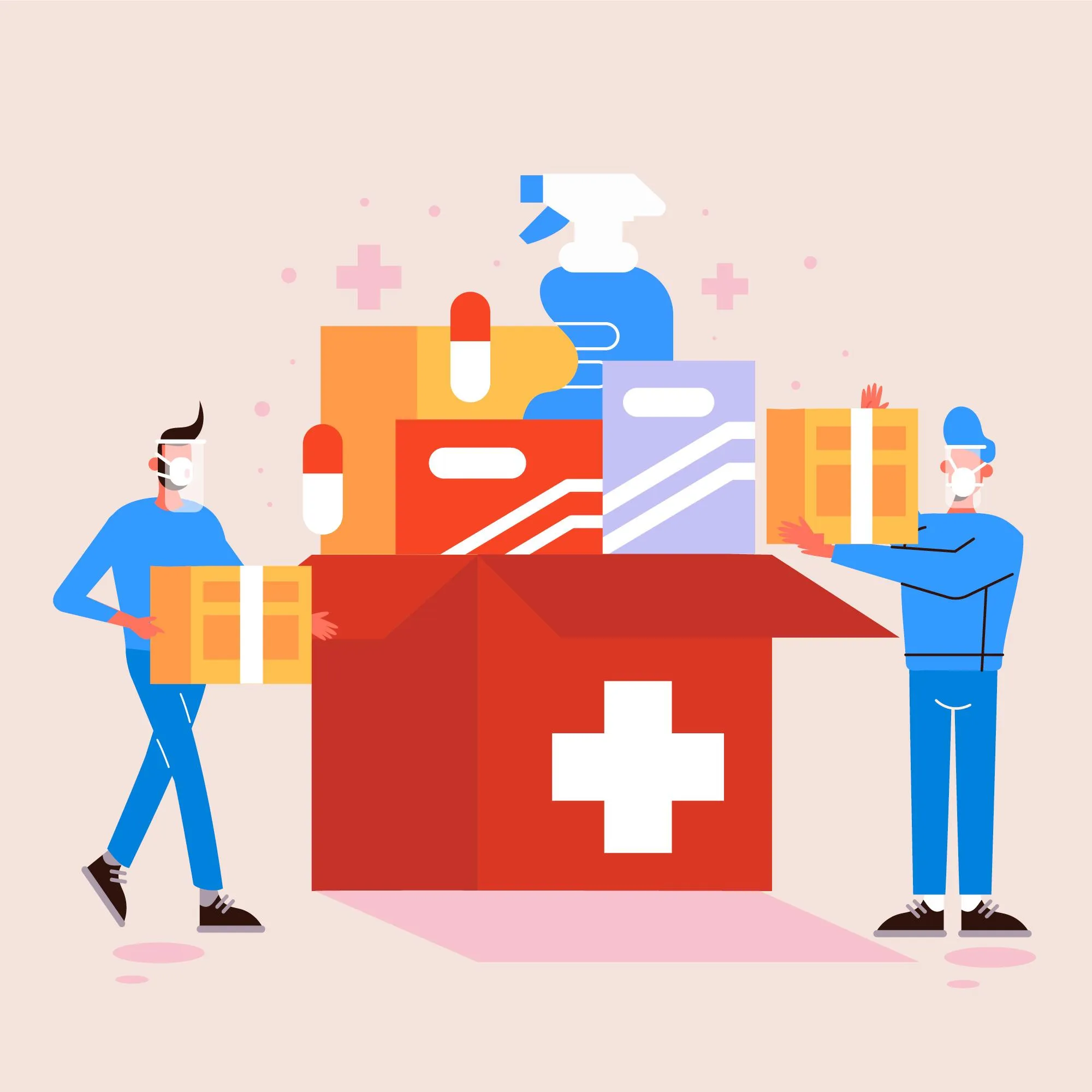 Pharmacy delivery workers handling medical supplies and packaged medications for medicines delivery.